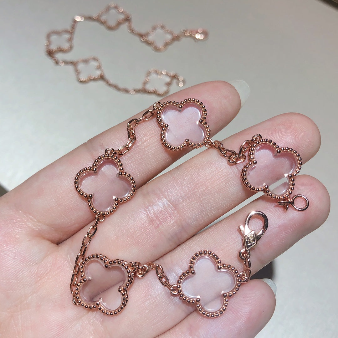 [Lumi Jewels]CLOVER 5 MOTIF ROCK CRYSTAL PINK GOLD BRACELET