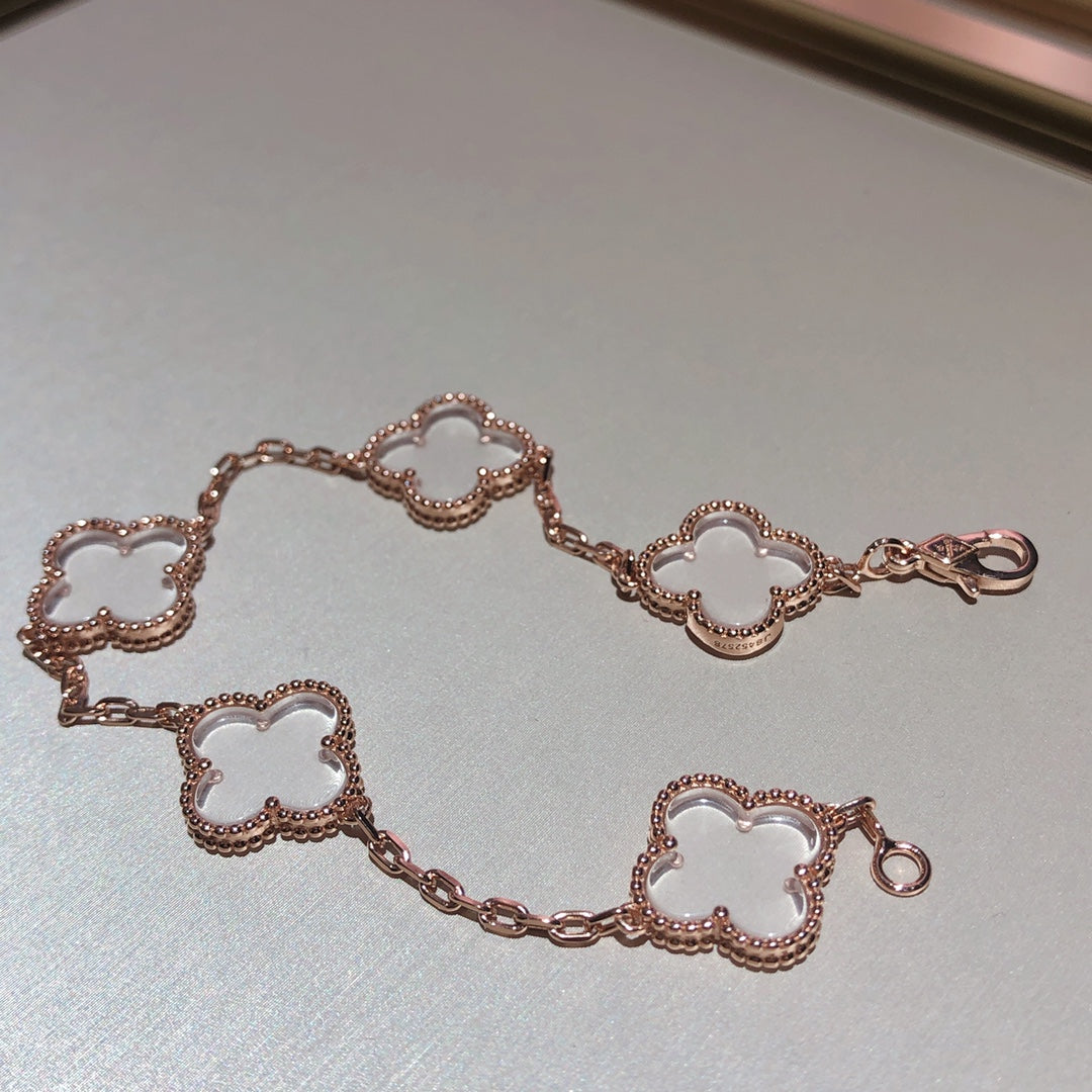[Lumi Jewels]CLOVER 5 MOTIF ROCK CRYSTAL PINK GOLD BRACELET