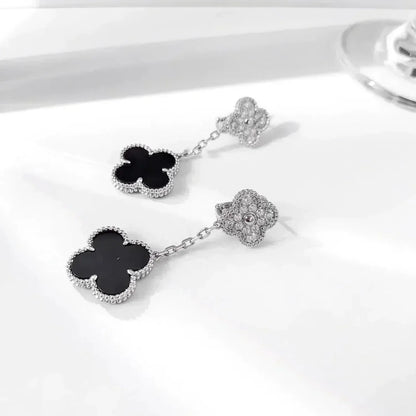 [Lumi Jewels]CLOVER 2 MOTIFS  DIAMOND ONYX EARRINGS SILVER