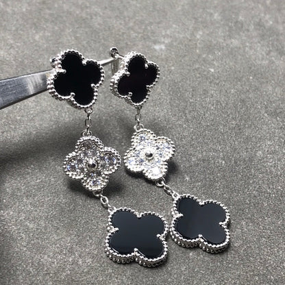 [Lumi Jewels]CLOVER 3 MOTIF DIAMOND ONYX SILVER EARRINGS