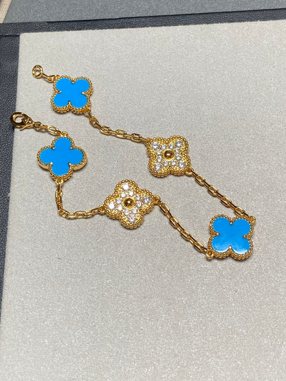[Lumi Jewels]CLOVER 5 MOTIF BLUE CHALCEDONY DIAMOND GOLD BRACELET