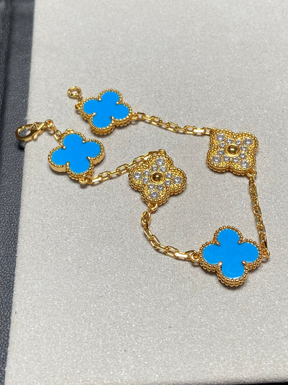 [Lumi Jewels]CLOVER 5 MOTIF BLUE CHALCEDONY DIAMOND GOLD BRACELET