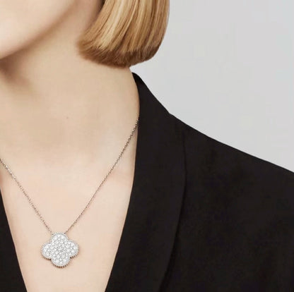 [Lumi Jewels]CLOVER 25MM LARGE PENDANT DIAMOND PAVED SILVER NECKLACE
