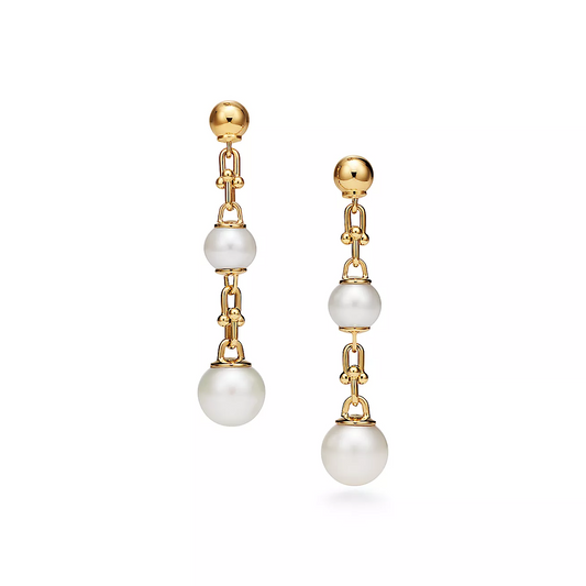 [Lumi Jewelry]TRIPLE DROP LINK EARRINGS GOLD WITH FRESHWATER PEARLS