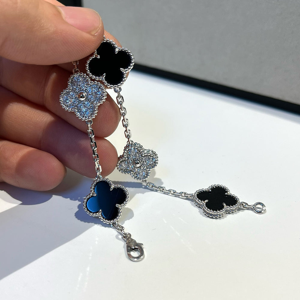 [Lumi Jewels]CLOVER 5 MOTIF ONYXS DIAMOND BRACELET SILVER
