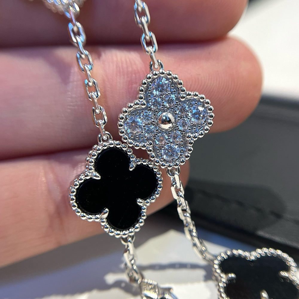 [Lumi Jewels]CLOVER 5 MOTIF ONYXS DIAMOND BRACELET SILVER