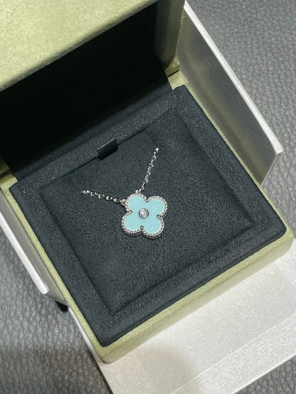 [Lumi Jewels]CLOVER 1 DIAMOND LIGHT BLUE SILVER NECKLACE