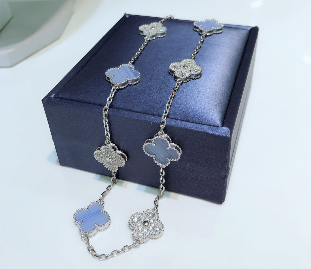 [Lumi Jewels]CLOVERS THE 10-MOTIFS CHALCEDONY DIAMONDS SILVER NECKLACE
