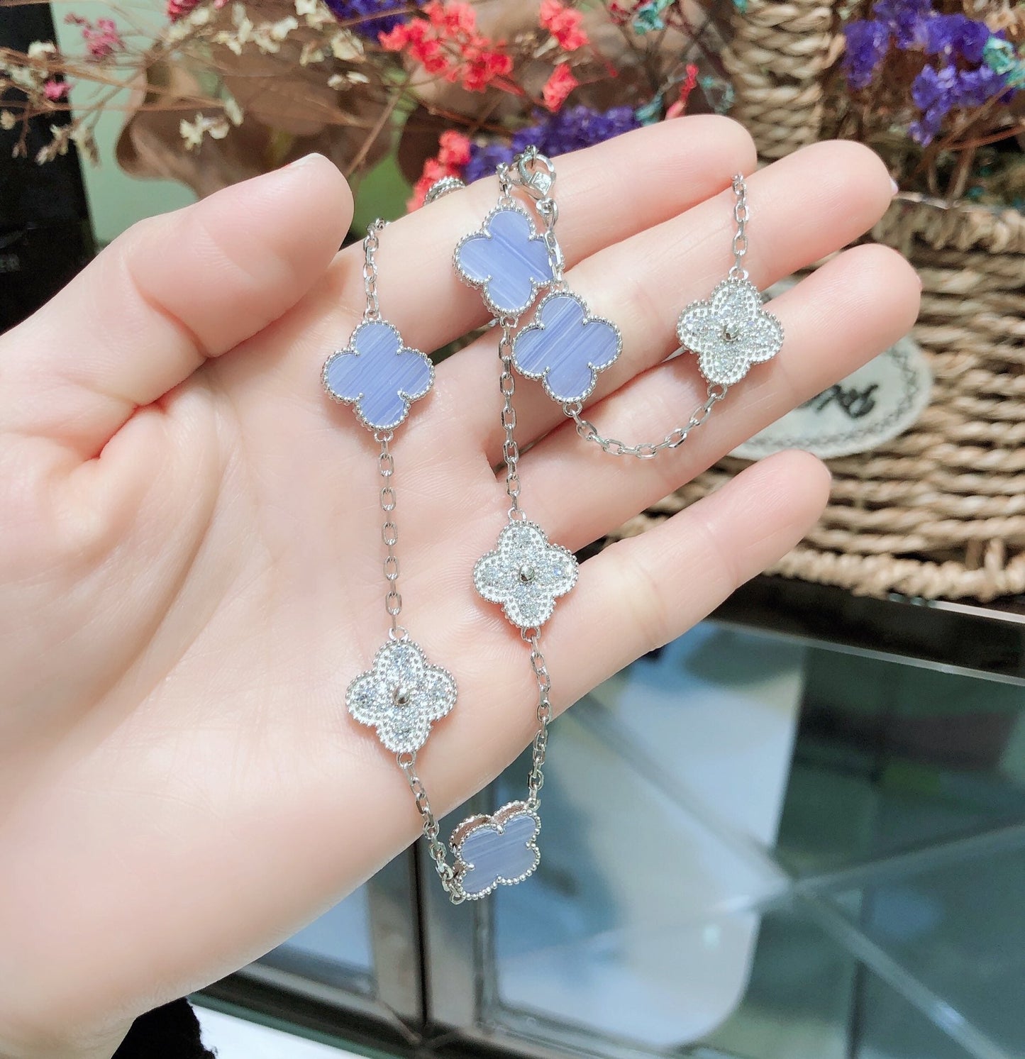 [Lumi Jewels]CLOVER 10 MOTIFS CHALCEDONY DIAMONDS SILVER NECKLACE