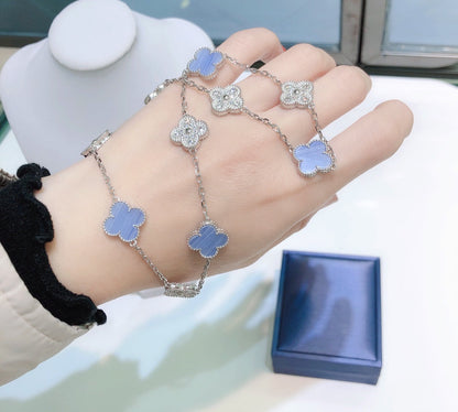 [Lumi Jewels]CLOVERS THE 10-MOTIFS CHALCEDONY DIAMONDS SILVER NECKLACE